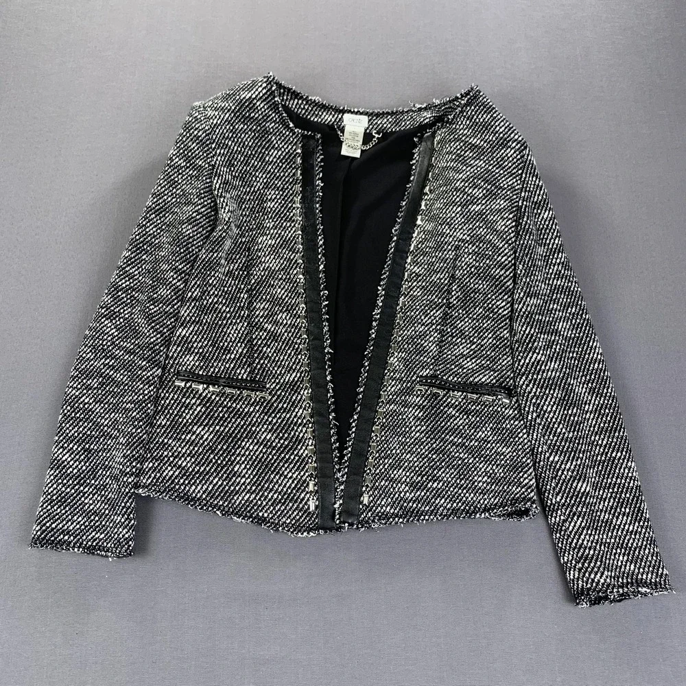 Cache Jacket Womens 8 Black White Tweed Open Front Chain Trim Blazer Career